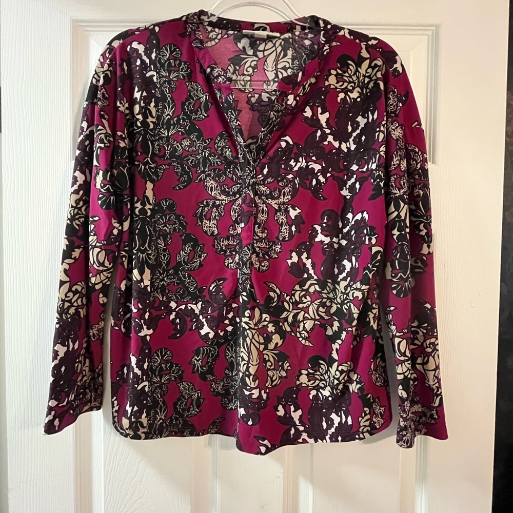 Dana Buchman Burgundy and Black Floral Blouse